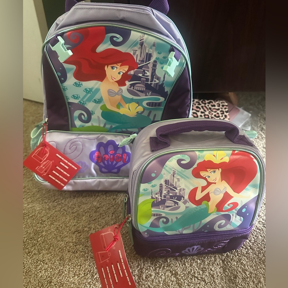 NWT Disney Store Little Mermaid Backpack with matching lunchbox